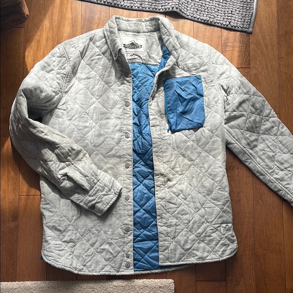Gray Quilted Jacket with Blue Accents
